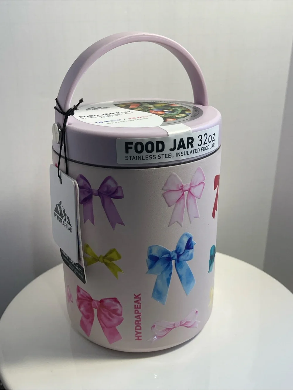 Hydrapeak Stainless Steel Insulated Food Jar White w/Multicolor Bows 32oz - NWT